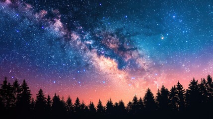 Wall Mural - Vibrant Milky Way galaxy over forest silhouette, showcasing a starry night sky with a gradient of colors from blue to pink.