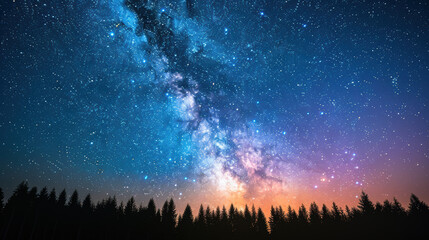Wall Mural - A stunning night sky with a colorful Milky Way galaxy illuminating the forest silhouette. Starry sky and cosmic wonder create a mesmerizing view.