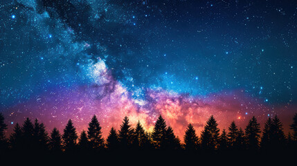 A breathtaking night sky filled with glowing stars and colorful nebulas above a silhouette of pine trees, capturing the essence of nature and the cosmos.