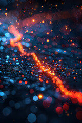 Poster - Abstract image featuring vibrant bokeh lights with a dark background. Energetic contrast of red, orange, and blue hues creates a dynamic visual effect.
