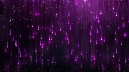 Fototapete - Luminous purple symbols descending in a 3D digital rain pattern on a pitch-black canvas.
