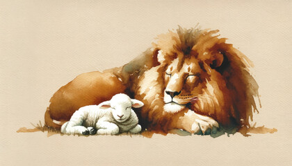 Canvas Print - Watercolor illustration of lion with a baby lamb, sleeping.