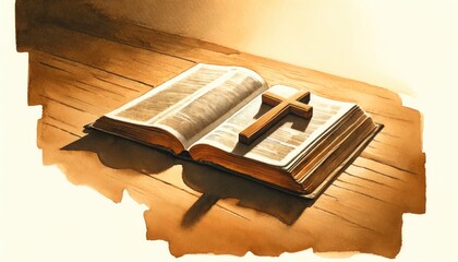 Bible on wooden table with crucifix. Christian symbols.