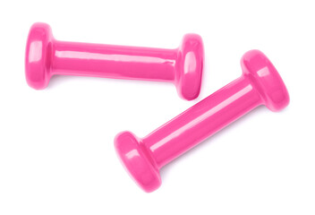 Wall Mural - Pink dumbbells isolated on white, top view. Sports equipment