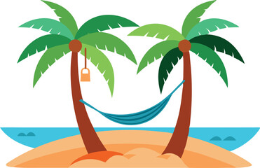 Illustration of a tropical island with a hammock hanging between two palm trees on the sandy beach with ocean in the background.