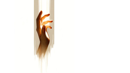 Wall Mural - Close up of human hand reaching out for a light beam. White background. Digital painting.