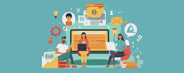 Poster - Team of professionals collaborating online with laptops, discussing ideas and analyzing data in modern digital workspace.