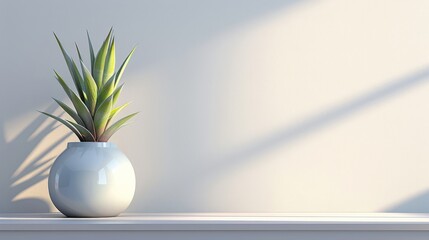 Wall Mural - A bromeliad plant in a white vase sits on a white table, bathed in warm sunlight