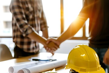 Close up of two construction workers shaking hands over an office desk with a yellow helmet and blueprints on the table, bright light coming through a window in the background.