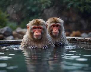 Wall Mural - Wet japanese Snow monkey looking at mobile phone in spa bath hot spring water, snow background. Funny pet creative animal hipster character with technology, humorous greeting card halloween wallpaper.