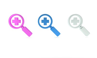 Poster - Colorful Magnifying glass for search medical icon isolated on white background. Hospital search. Minimalism concept. 3D render illustration