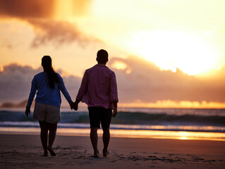 Canvas Print - Sunset, beach and couple with love, holding hands and romance with tropical island, vacation and honeymoon. Seaside, golden hour and man with woman, relationship and holiday for anniversary or travel