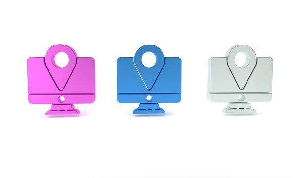 Colorful Computer monitor and folded map with location marker icon isolated on white background. Minimalism concept. 3D render illustration