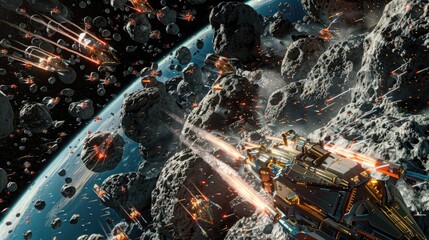 Wall Mural - A rogue AI-controlled asteroid base launching swarms of nanobot fighters against a human armada.