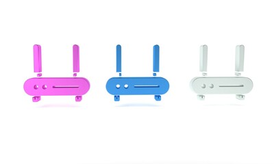 Poster - Colorful Router and wi-fi signal icon isolated on white background. Wireless ethernet modem router. Computer technology internet. Minimalism concept. 3D render illustration