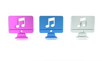 Poster - Colorful Computer with music note symbol on screen icon isolated on white background. Minimalism concept. 3D render illustration
