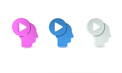 Poster - Colorful Head people with play button icon isolated on white background. Minimalism concept. 3D render illustration