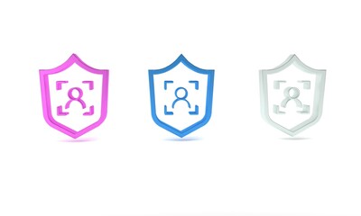 Poster - Colorful Shield face recognition icon isolated on white background. Face identification scanner icon. Facial id. Cyber security concept. Minimalism concept. 3D render illustration