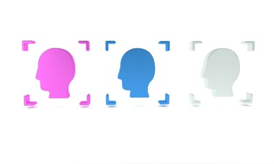 Poster - Colorful Face recognition icon isolated on white background. Face identification scanner icon. Facial id. Cyber security concept. Minimalism concept. 3D render illustration