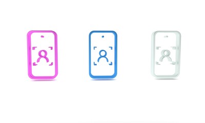 Poster - Colorful Mobile phone and face recognition icon isolated on white background. Face identification scanner icon. Facial id. Cyber security. Minimalism concept. 3D render illustration