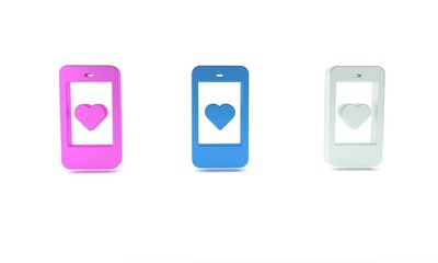 Poster - Colorful Smartphone with heart emoji speech bubble get message on screen icon isolated on white background. Valentines day. Minimalism concept. 3D render illustration