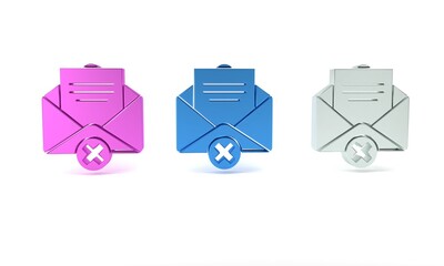 Poster - Colorful Delete envelope icon isolated on white background. Delete or error letter. Cross on message. Rejected mail. Minimalism concept. 3D render illustration