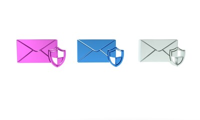 Poster - Colorful Envelope with shield icon isolated on white background. Insurance concept. Security, safety, protection, protect concept. Minimalism concept. 3D render illustration