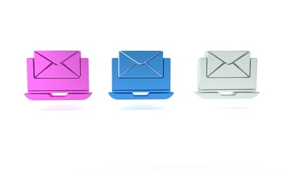 Poster - Colorful Laptop with envelope and open email on screen icon isolated on white background. Email marketing, internet advertising concepts. Minimalism concept. 3D render illustration