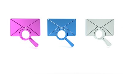 Poster - Colorful Envelope mail with magnifying glass icon isolated on white background. Minimalism concept. 3D render illustration