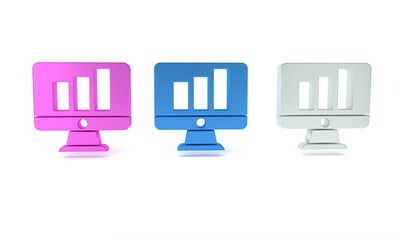 Poster - Colorful Computer monitor with graph chart icon isolated on white background. Report text file. Accounting sign. Audit, analysis, planning. Minimalism concept. 3D render illustration