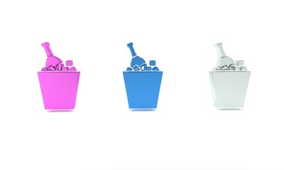 Wall Mural - Colorful Bottle of champagne in an ice bucket icon isolated on white background. Minimalism concept. 3D render illustration