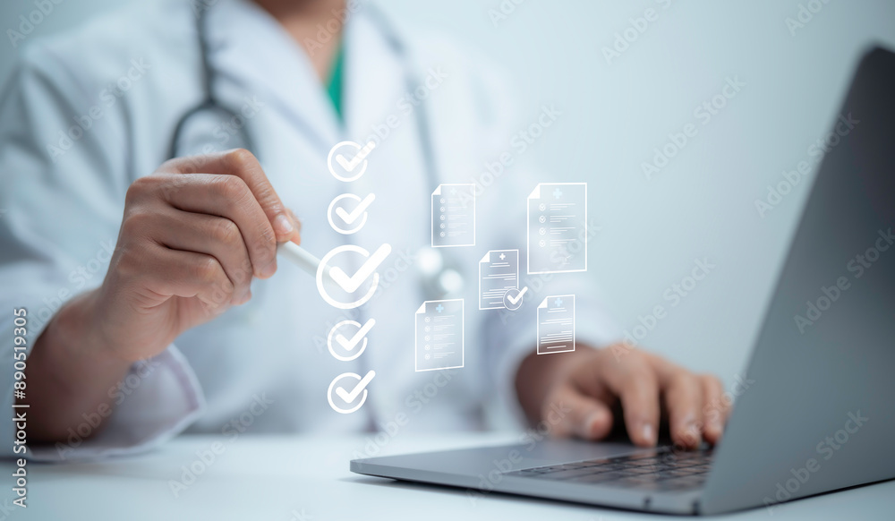 Check list concept.Medical worker with online checklist survey, filling ...