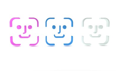 Poster - Colorful Face recognition icon isolated on white background. Face identification scanner icon. Facial id. Cyber security concept. Minimalism concept. 3D render illustration