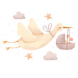 © Irena - A cute stork carries a baby in a boho style basket. Watercolor hand painted illustrations for baby shower isolated on white background.