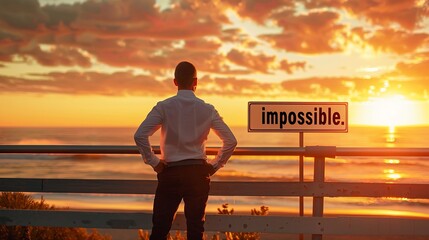 To challenge the team and motivate them to aim for success, the businessman stood on the bridge overlooking the sunset and ocean, eliminating the word 