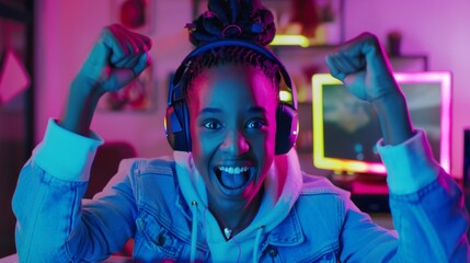 Poster - A young woman is wearing headphones and is smiling