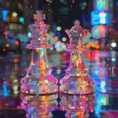 Poster - vibrant multicolored chess pieces illuminated by city lights, creating a modern, dynamic effect on a