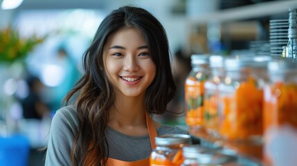 Wall Mural - A woman is smiling and standing in front of a shelf full of jars