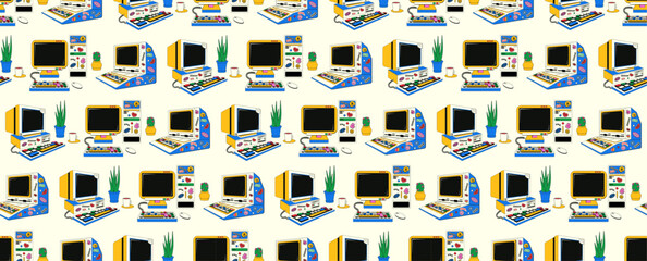 Seamless pattern with retro desktop computer with 90s-00s aesthetics. Vector background with a vintage computer for schoolchildren covered with stickers in y2k style.