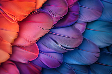 Poster - Colorful feathers background, vibrant colors of purple, red, orange and blue, bird feather texture, close-up shot. Abstract wallpaper design for creative concept idea with copy space. in the style of