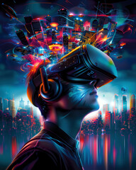 Aufkleber - A man wearing a virtual reality headset is looking up at a cityscape. The image is a representation of the future, with a focus on the advancements in technology
