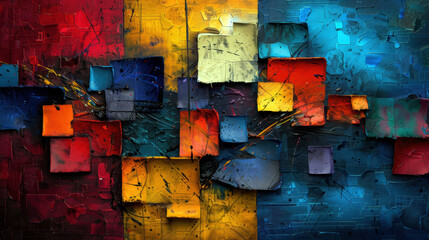 Poster - A colorful painting with squares of different colors. The painting is abstract and has a lot of texture. The colors are bright and bold, and the painting seems to be about the beauty of diversity