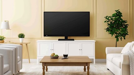  A contemporary living room with a flat screen television mounted above a white cabinet, wooden legs, and green plants. A cozy armchair with a green cushion sits to the right