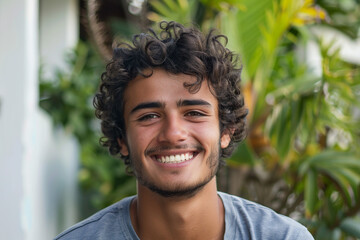 Wall Mural - A young man with curly hair smiling warmly at the camera, with a lush green background.