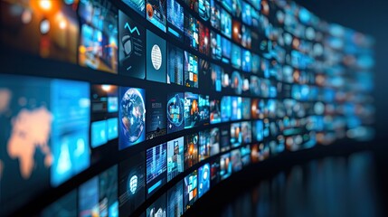 Poster - A wall of digital screens displays a variety of data and images, including a world map, charts, and other visual information
