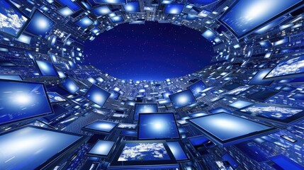 Poster - A wall of digital screens displays a variety of data and images, including a world map, charts, and other visual information