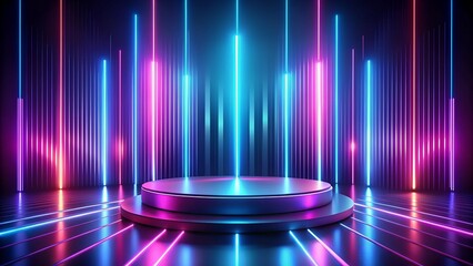 Wall Mural - An electric background with vibrant neon light streaks in shades of blue, pink, and purple against a dark backdrop, evoking a futuristic and energetic vibe. set a small product podium Infront of this 