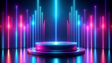 Wall Mural - An electric background with vibrant neon light streaks in shades of blue, pink, and purple against a dark backdrop, evoking a futuristic and energetic vibe. set a small product podium Infront of this 