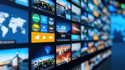 Poster - A wall of digital screens displays a variety of data and images, including a world map, charts, and other visual information