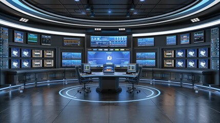 Poster - A wall of digital screens displays a variety of data and images, including a world map, charts, and other visual information